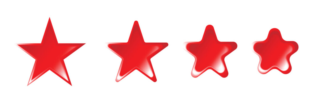 Set of four shiny red stars, varying from sharp to rounded, depicted as liquid or jelly objects against a transparent backdrop, ideal for rating systems or decorative elements.
