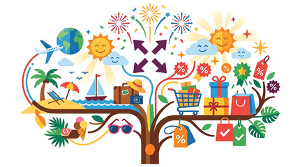 Naklejka premium Creative Tree of Life Illustration Depicting Summer Holiday Expansion Shopping and Travel Adventures Around the Globe with Vibrant Colors and Festive Elements