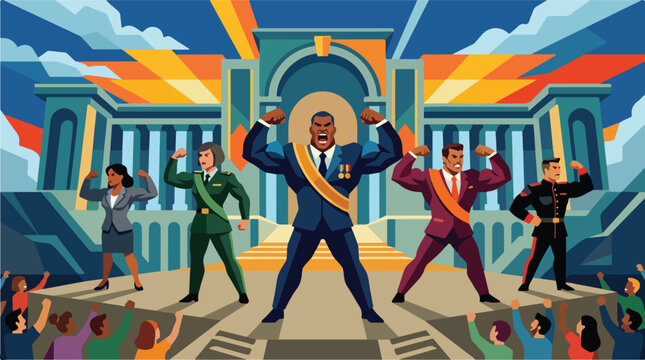 Powerful government leaders showing strong muscles vector. Political authority flexing power in front of palace. Dictatorship propaganda concept.