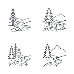Fototapeta premium Scenic illustration of a tranquil river winding through a forested landscape with mountains