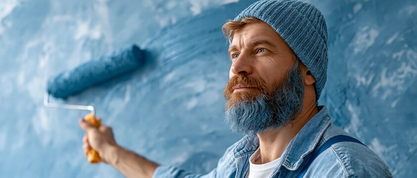 A bearded man wearing a knit cap and denim shirt holds a paint roller against a textured blue wall background.