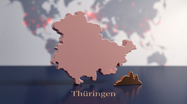 3D extruded Th&uuml;ringen Germany map silhouette in dusty rose with bronze forested hill symbol on navy reflective surface, green heart woodland regional icon