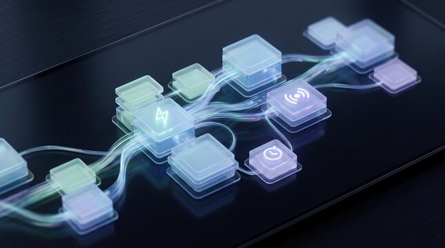 Glowing glass tech modules connected by optic cables on dark background, futuristic network interface, close up, data flow.