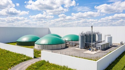 Fototapeta premium Modern biogas plant facility with large fermentation domes for renewable energy production, sustainable power infrastructure.