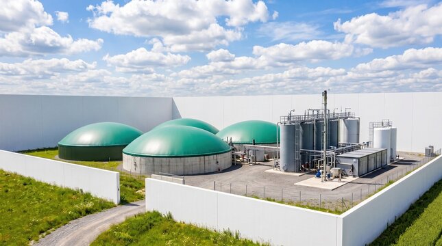 Modern biogas plant facility with large fermentation domes for renewable energy production, sustainable power infrastructure.