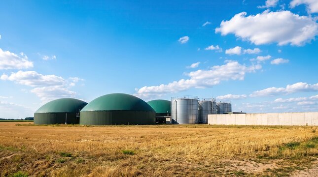 Modern biogas plant with green fermenter domes stands in a harvested field under a blue sky, renewable energy facility, sustainable agricultural technology