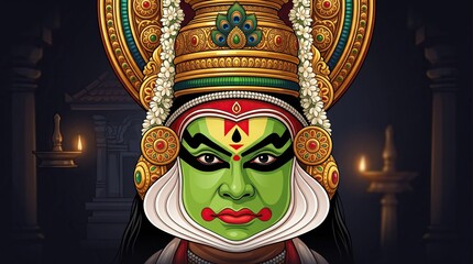 Fototapeta premium Traditional Kathakali dancer portrait with vibrant green face makeup and ornate golden crown, cultural dance art background, indian heritage.