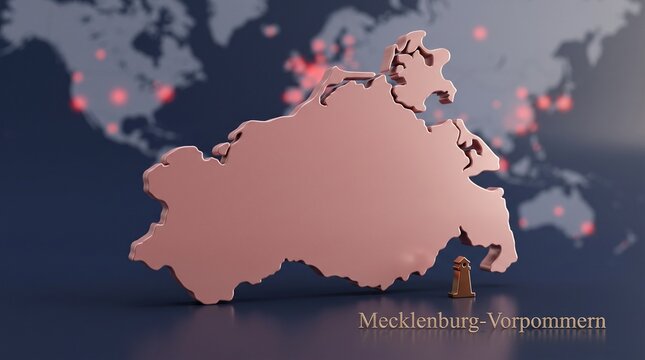 3D extruded Mecklenburg-Vorpommern Germany map silhouette in dusty rose with bronze lighthouse symbol on navy surface, Baltic Sea coastal regional icon