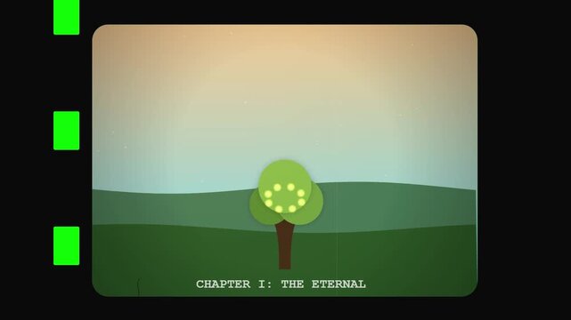 Animated minimalist tree with glowing lights and chapter text overlay