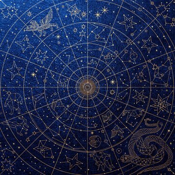 Celestial map rendered in glowing gold lines on a dark midnight blue leather texture, intricate constellation details.