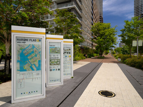 晴海フラッグのエリアマップ看板。2026年6月、東京都中央区にて撮影。