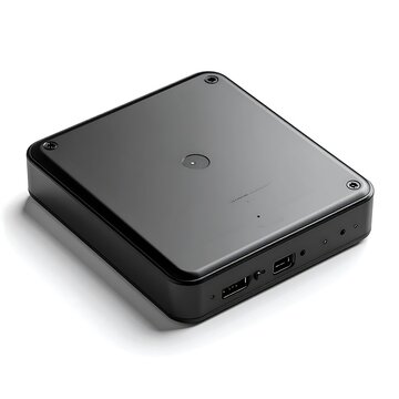 Sleek black external hard drive with USB ports.