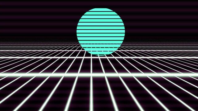 Retro 80s synthwave landscape with glowing neon grid and sun background
