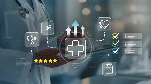 Doctor reviewing healthcare quality management system with animated medical cross icon, healthcare growth strategy, patient safety standards, clinical compliance and hospital performance improvement