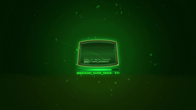Retro digital monitor loading a magical system breach with code data