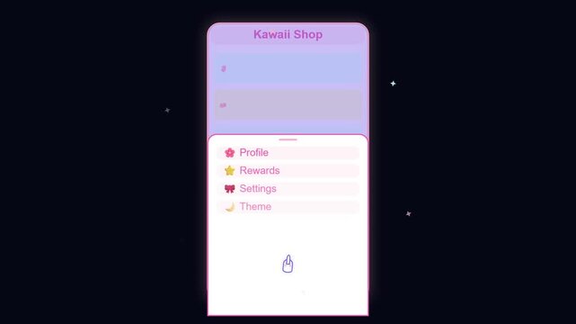 Kawaii Shop mobile interface showing interactive menu popup animation