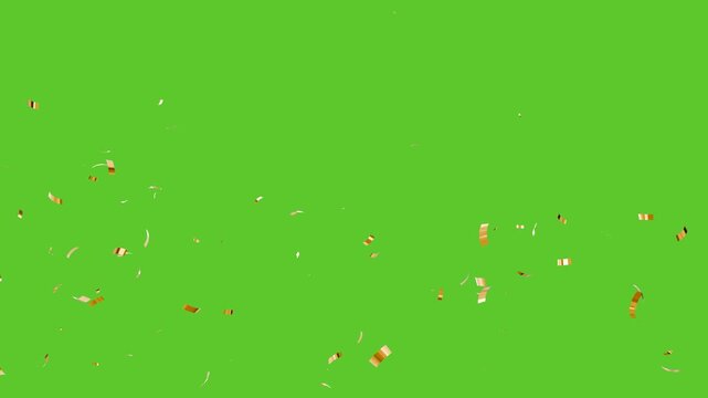 slowly falling gold confetti rain alpha channel. gold confetti video particles pack on green background.