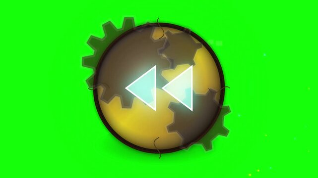 Rewind Button with Rotating Mechanical Gears on a Green Screen Background
