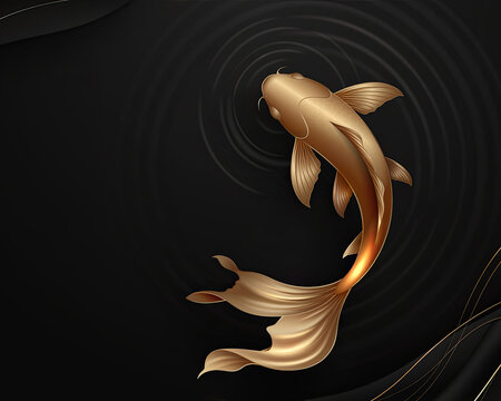 A magnificent golden koi fish is swimming in the black water.
