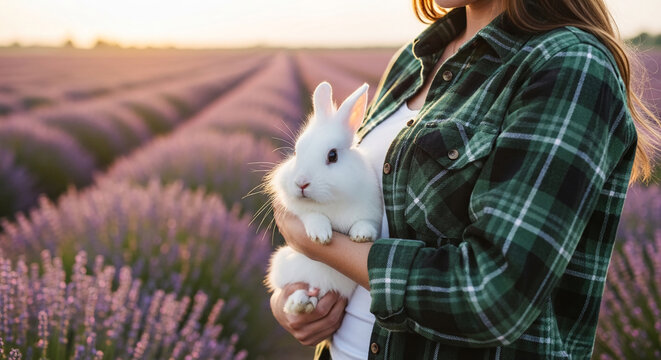 White rabbit held by a person in a plaid shirt, in a lavender field at sunset, symbolizing nature, peace, and gentleness