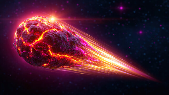 Extreme close up view of glowing fiery meteor in outer space with bright trail and star field, dramatic cosmic impact