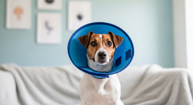 Portrait of a Jack Russell Terrier wearing a blue Elizabethan collar, sitting on a couch, symbolizing recovery and care after a procedure
