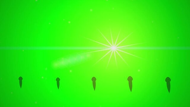 Tadpoles swimming in a row with lens flare effect on green screen