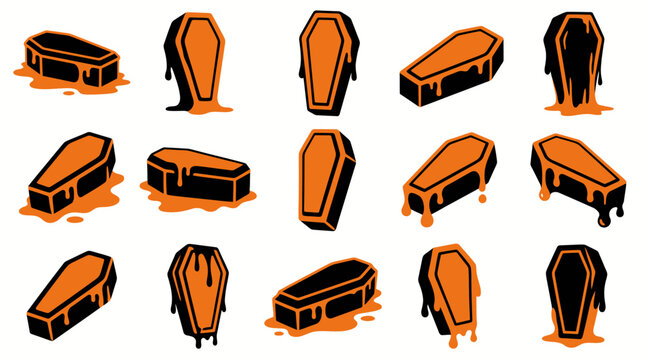 Collection of various wooden coffins and caskets illustrated in different angles for horror themes and funeral home design concepts