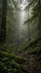 Obraz premium Misty temperate rainforest after rain with soft morning light