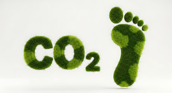 Carbon footprint concept represented by green grass texture CO2 letters and a footprint shape.
