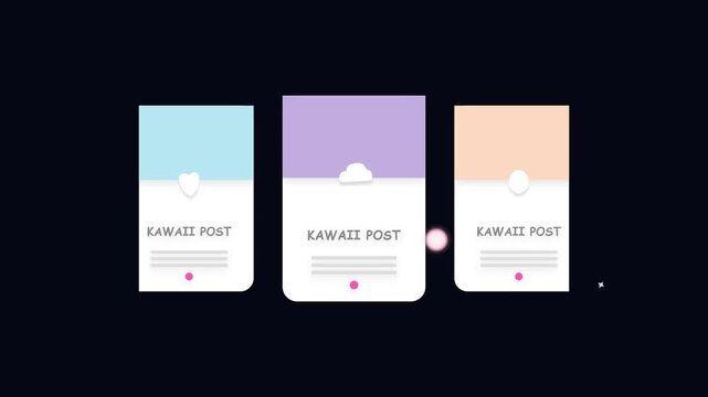 Animated kawaii social media post interface cards with moving icons