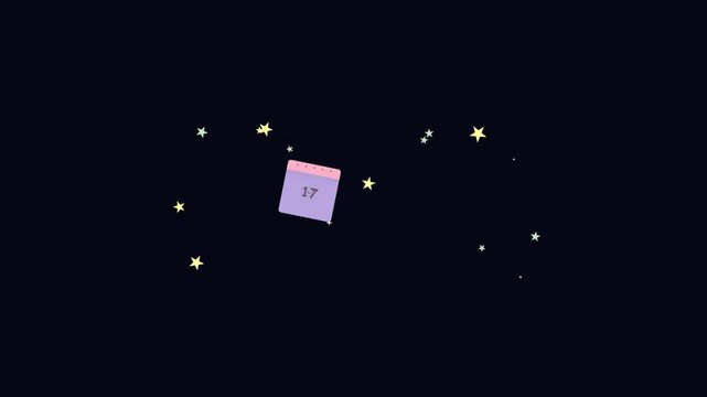 Animated calendar pages turning with floating stars on dark background