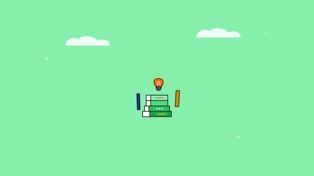 Animated Stack of Books with Glowing Light Bulb Idea Concept.