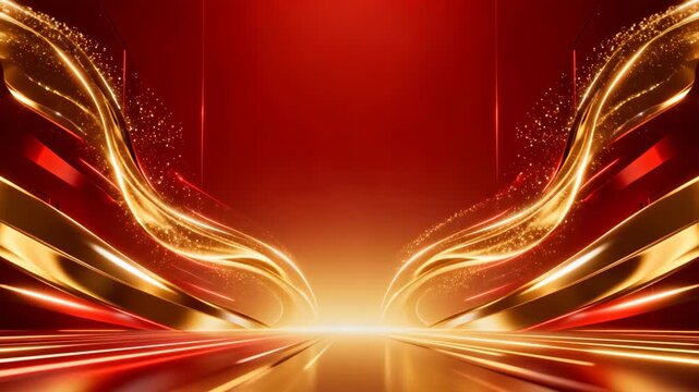 Abstract luxury golden waves on red background for cinematic awards ceremony with sparkling light trails