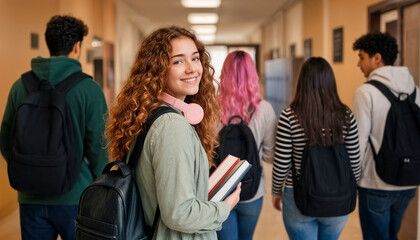 Candid photograph of high school students strolling in a hall, featuring a central cheerful girl with a backpack and books smiling back. © ginettigino