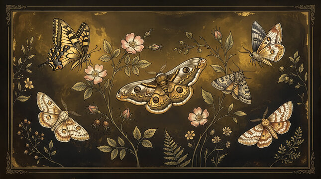 Vintage botanical illustration of moths and butterflies among wildflowers and leaves, framed with ornate golden borders on a dark antique background.