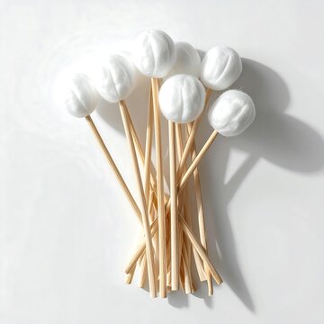 White cotton balls on wooden sticks arranged neatly.