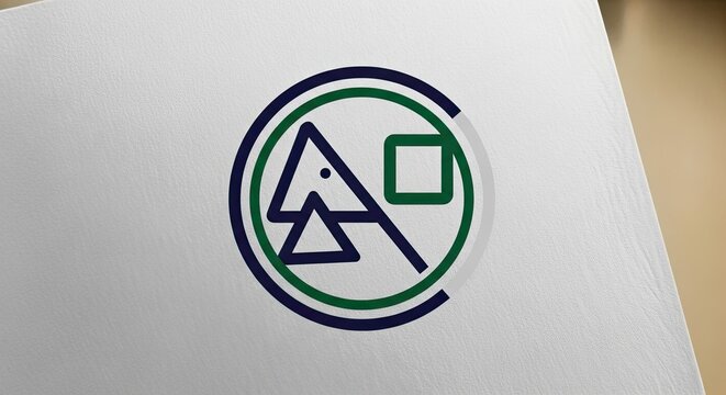 Circular logo with abstract triangle and square shapes.