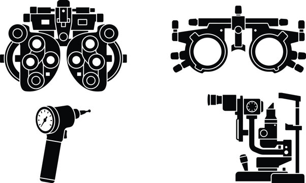 Optometry Equipment and Eye Exam Tools Vector Icon Set Featuring Phoropter Trial Frame Tonometer Pen and Slit Lamp