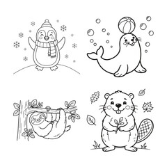 Fototapeta premium A Set Of Four Cute Animal Coloring Page Illustrations For Young ChildrenA Set Of Four Cute Animal Coloring Page Illustrations For Young Children