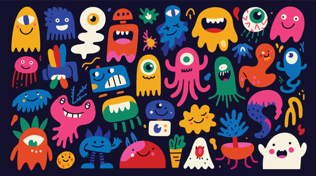 Flat style vector illustration of whimsical monster characters with ghosts, robots and funny creatures in vibrant colors. Perfect for children's books, games, posters and merchandise