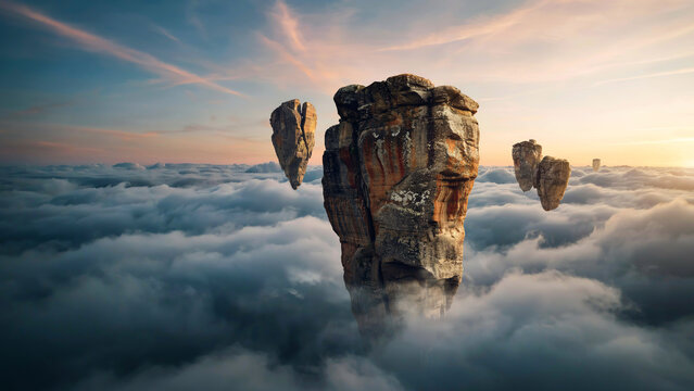 Mystical rock formations above the clouds at sunset with formations, mystical
