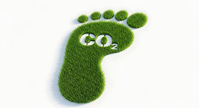 A green grass footprint symbol representing carbon dioxide emissions and environmental impact.