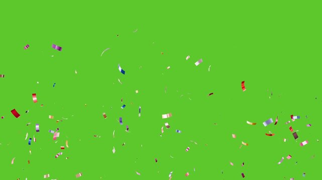 slow motion multicolor confetti falling on green screen. confetti explosion festive party celebration holiday motion graphic overlay background. confetti particles, confetti rain, 4k video