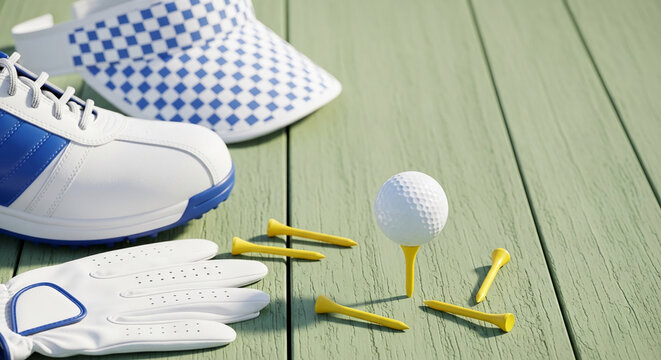 White and blue golf accessories on a green wooden surface, symbolizing sport, leisure, and outdoor activity.