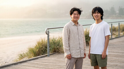 Fototapeta premium 夏の海辺のウッドデッキで笑顔で並ぶ若い男性二人 ｜ 爽やかな風