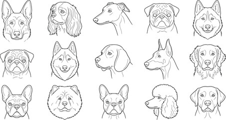 Obraz premium Dog Breed Head Portrait Line Art Collection with Popular Purebred and Companion Dogs