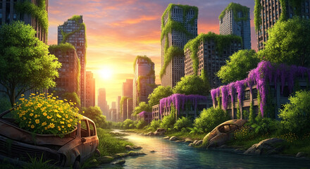 Fototapeta premium Post-apocalyptic cityscape with nature reclaiming abandoned skyscrapers, symbolizing renewal and the triumph of life over decay