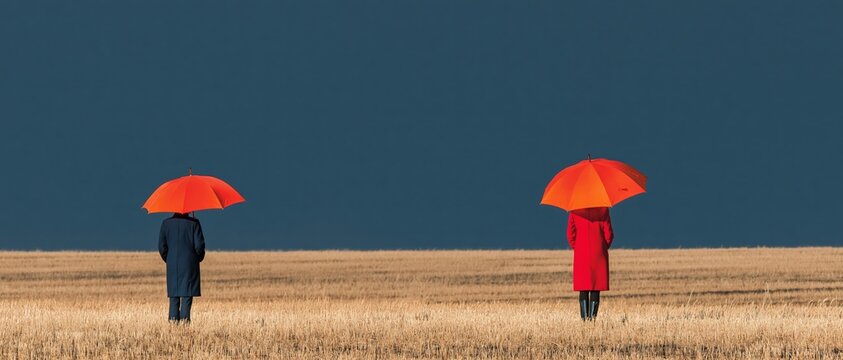 Two solitary figures stand facing away under vibrant orange umbrellas against a vast, dark blue background.