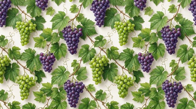 Seamless background pattern with ripe purple and green grapes on vine leaves